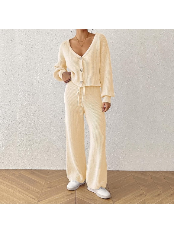 Women's 2 Piece Sets,Knit V Neck Long Sleeve Cardigan Sweater Top , Elastic Waist Drawstring Pants Loungewear Set Beige,Womens Plus S