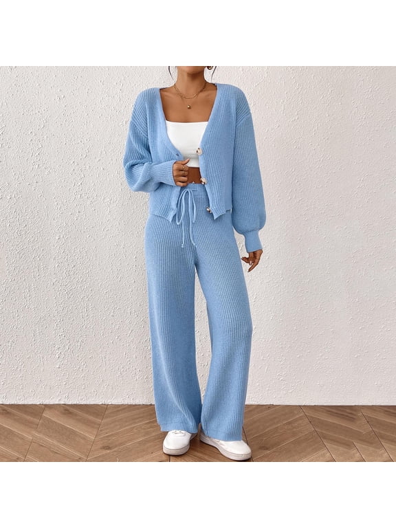 Women's 2 Piece Sets,Knit V Neck Long Sleeve Cardigan Sweater Top , Elastic Waist Drawstring Pants Loungewear Set Sky Blue,Womens Plus S
