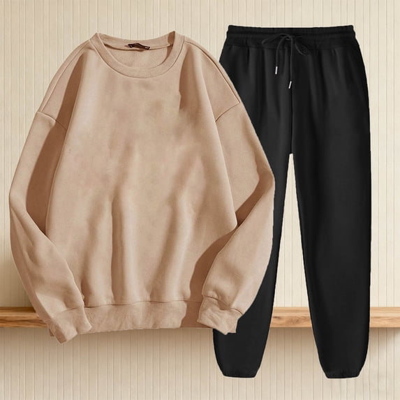 ClodeEU Women's 2 Piece Sportswear Set ,Round Neck Long Sleeve Sweatshirts and Cuffed Joggers Set Khaki,Womens Plus M