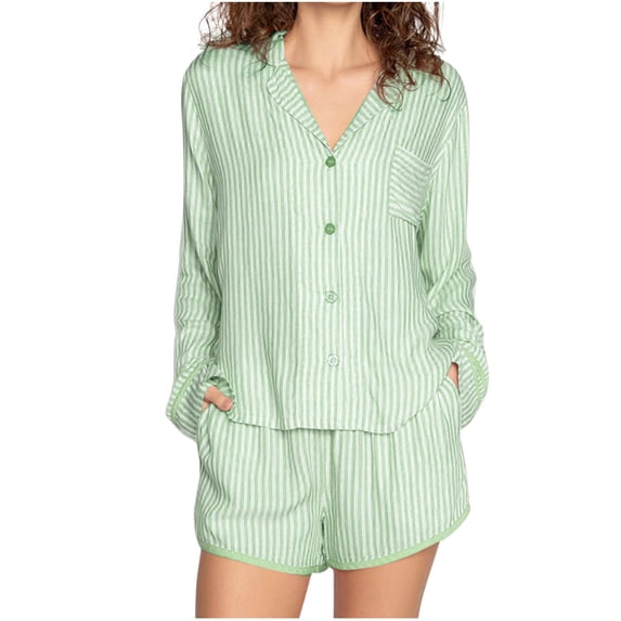 ClodeEU Women's 2 Piece Striped Pajama Sets,Long Sleeve Button Down Shirts Matching Shorts Set Loungewear Green,Womens Plus M