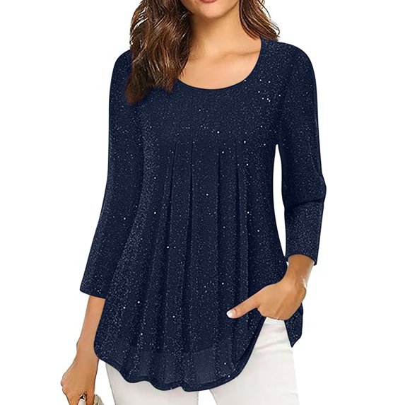 ClodeEU Women's 3/4 Length Sleeve Blouses,Round Neck Pleated,Sparkle Effect Double Layer Tunic Tops Navy,Womens Plus XXL