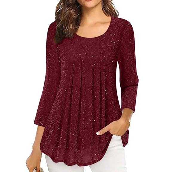 ClodeEU Women's 3/4 Length Sleeve Blouses，Round Neck Pleated，Sparkle Effect Double Layer Tunic Tops Wine,Womens Plus XXL