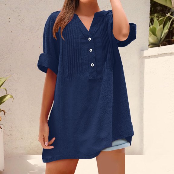 ClodeEU Women's 3/4 Sleeve Button-Down Shirt,Solid Color V-Neck T-Shirt,Loose Fit Summer Top Navy,Womens Plus XL