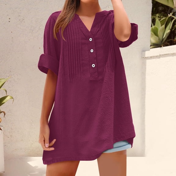 ClodeEU Women's 3/4 Sleeve Button-Down Shirt,Solid Color V-Neck T-Shirt,Loose Fit Summer Top Purple,Womens Plus XL