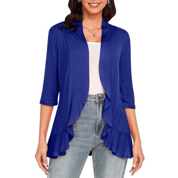 ClodeEU Women's 3/4 Sleeve Open Front Cardigan,Lightweight Casual Sweater,Solid Color Draped Layering Coat Blue,Womens Plus XL