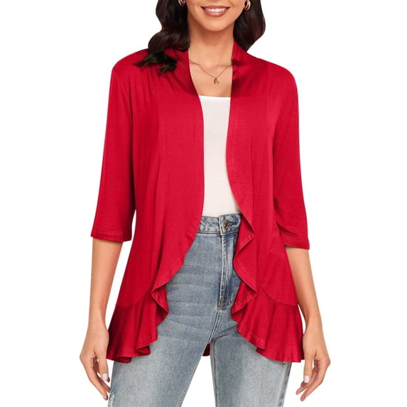 ClodeEU Women's 3/4 Sleeve Open Front Cardigan,Lightweight Casual Sweater,Solid Color Draped Layering Coat Red,Womens Plus M