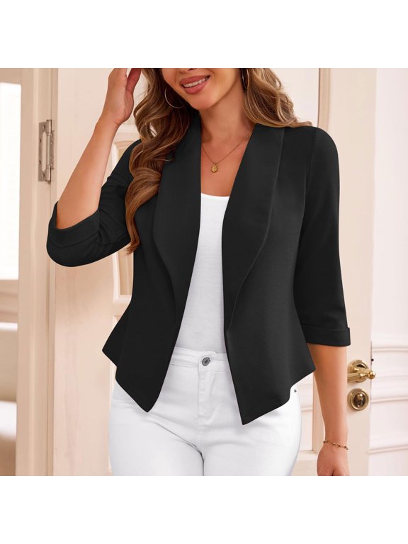 Women's 3/4 Sleeve Open Front Sweater,Cropped Solid Color Blouse Jacket,Trendy Fashion Tops Black,Womens Plus XXL