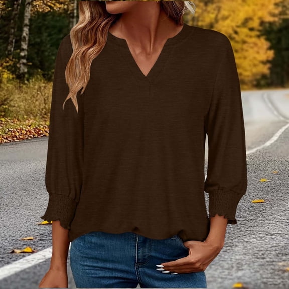 ClodeEU Women's 3/4 Sleeve V Neck T Shirts，Ruffle Sleeve Tunic T Shirts ,Casual Blouses Tops Coffee,Womens Plus S