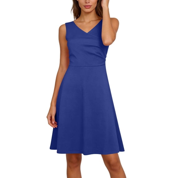 ClodeEU Women's A-Line Sleeveless V-Neck Dress with Fitted Waist Blue,Womens Plus S