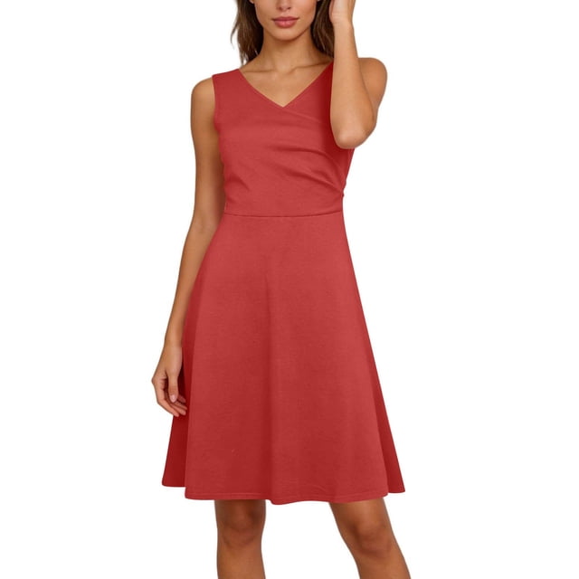 ClodeEU Women's A-Line Sleeveless V-Neck Dress with Fitted Waist Red,Womens Plus S