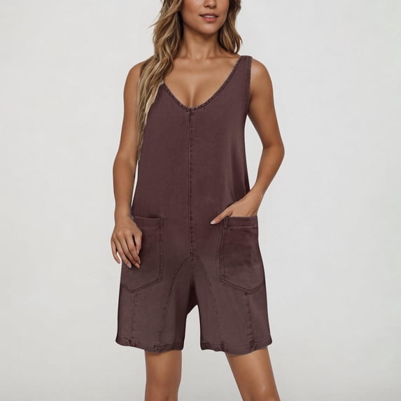 ClodeEU Women's Adjustable Spaghetti Strap Denim Shortalls with Pockets , Casual Jean Short Overalls Brown,Womens Plus XL