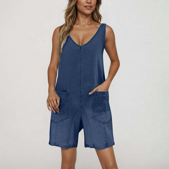 ClodeEU Women's Adjustable Spaghetti Strap Denim Shortalls with Pockets , Casual Jean Short Overalls Dark Blue,Womens Plus M