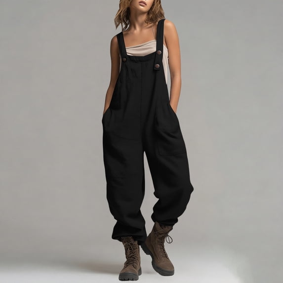 ClodeEU Women's Adjustable Straps Sleeveless Cargo Jumpsuit with Pockets ,Casual Baggy Athletic Romper Black,Women's Plus XL