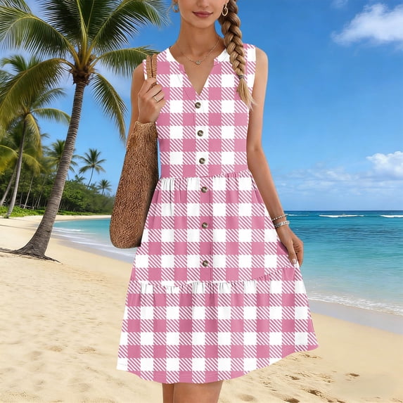 ClodeEU Women's All Over Print V-Neck Sleeveless Maxi Dress ,Beach Casual Tank Dress with Button-Front Detail Pink,Womens Plus M