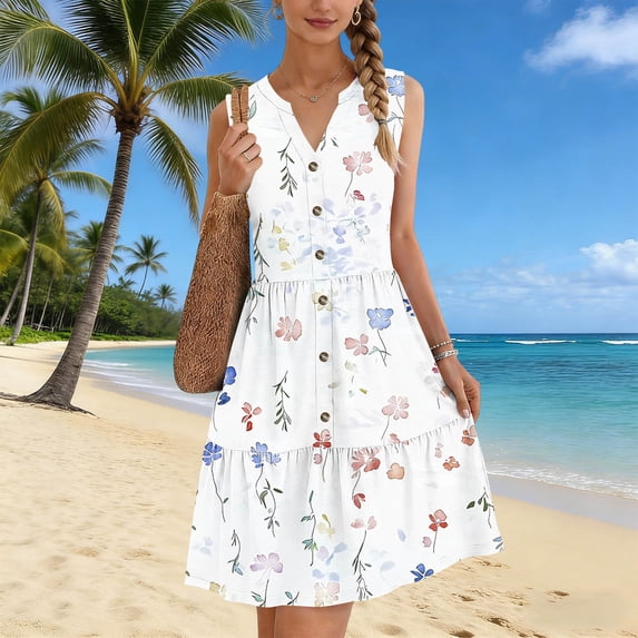 ClodeEU Women's All Over Print V-Neck Sleeveless Maxi Dress ,Beach Casual Tank Dress with Button-Front Detail White,Womens Plus XL