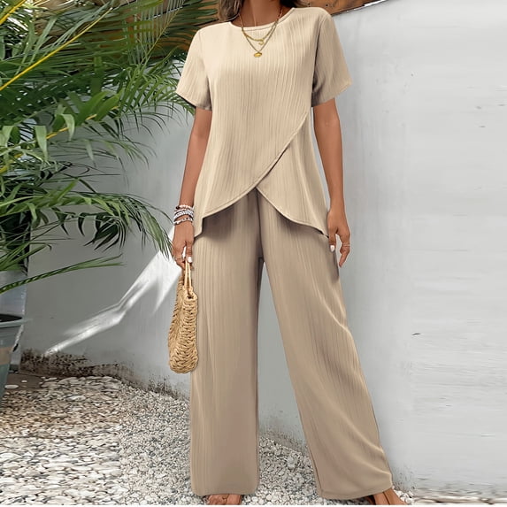 ClodeEU Women's Asymmetric Two Piece Casual Set ,Loose Fit Short Sleeve Round Neck Tops and Wide Leg Pant Beige,Womens Plus XL