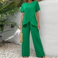 thumbnail image 1 of ClodeEU Women's Asymmetric Two Piece Casual Set ,Loose Fit Short Sleeve Round Neck Tops and Wide Leg Pant Green,Womens Plus XL, 1 of 6