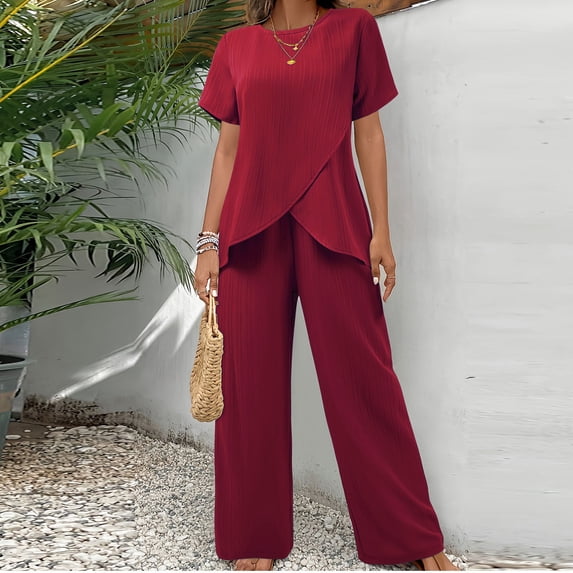 ClodeEU Women's Asymmetric Two Piece Casual Set ,Loose Fit Short Sleeve Round Neck Tops and Wide Leg Pant Wine,Womens Plus M