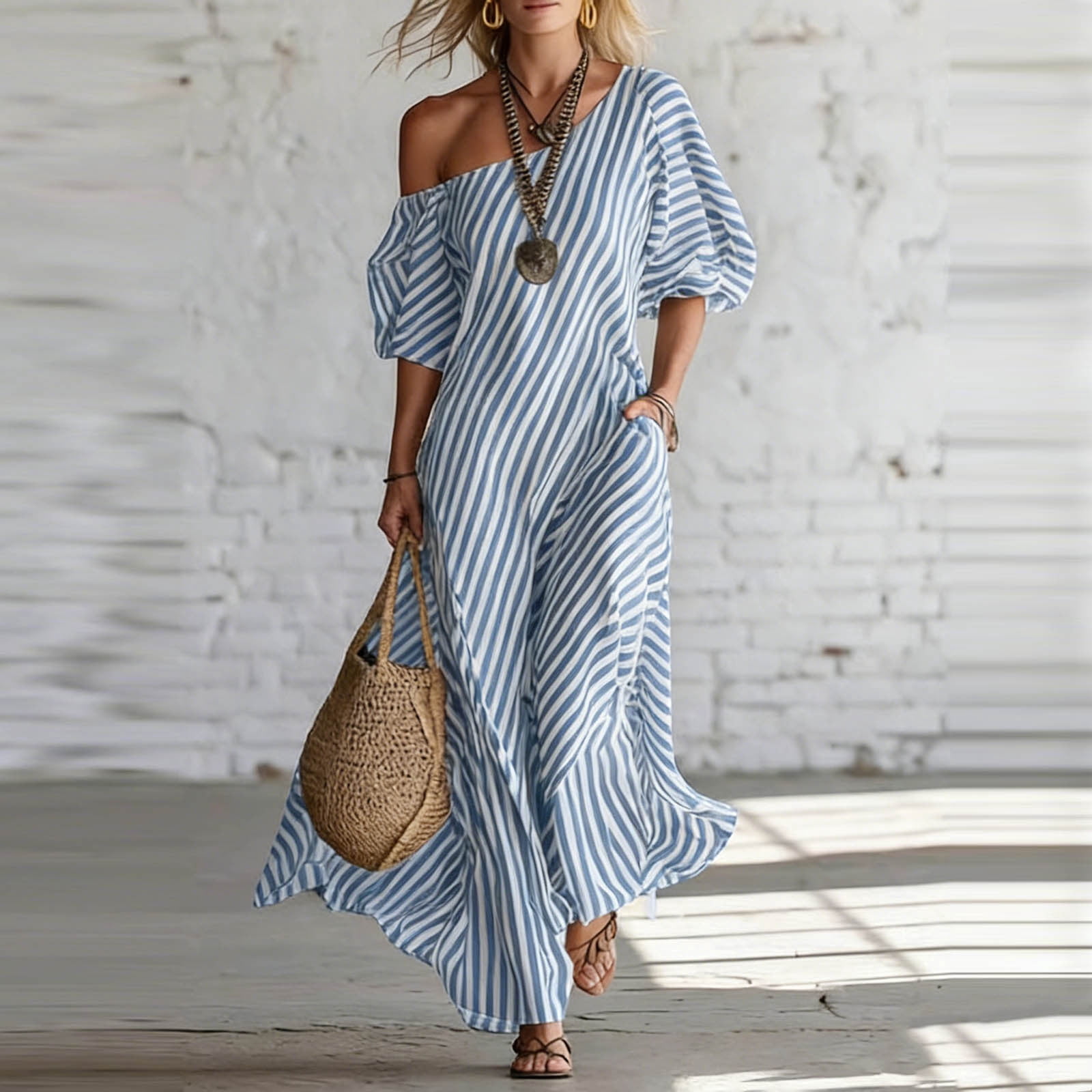 blue off the shoulder dress casual Royal Blue Cotton Poplin Midi Off-Shoulder Dress 56" / Custom Height (Free)