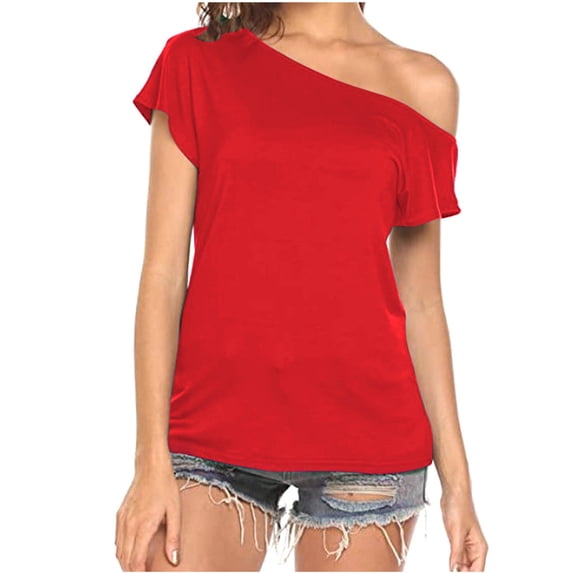 ClodeEU Women's Asymmetrical One Shoulder Short Sleeve T-Shirt,Solid Color Casual Summer Loose Top Red,Women's Plus S
