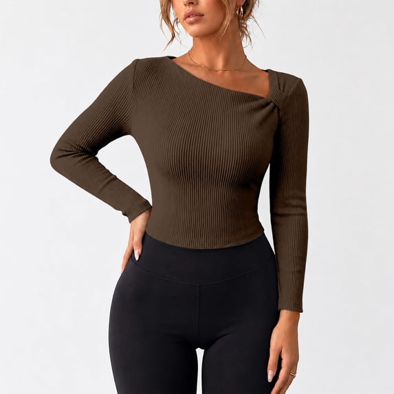 ClodeEU Women's Asymmetrical Twist Neck Ribbed Knit Crop Tops,Casual Slim Fit Long Sleeve Blouse ,Women's Plus M