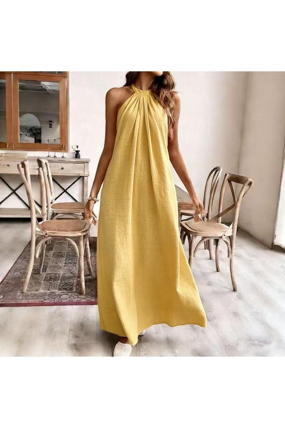 Women's Backless Halter Neck Sleeveless Maxi Dress ,Casual Loose Fit Beach Vacation Dress Yellow,Women's Plus L