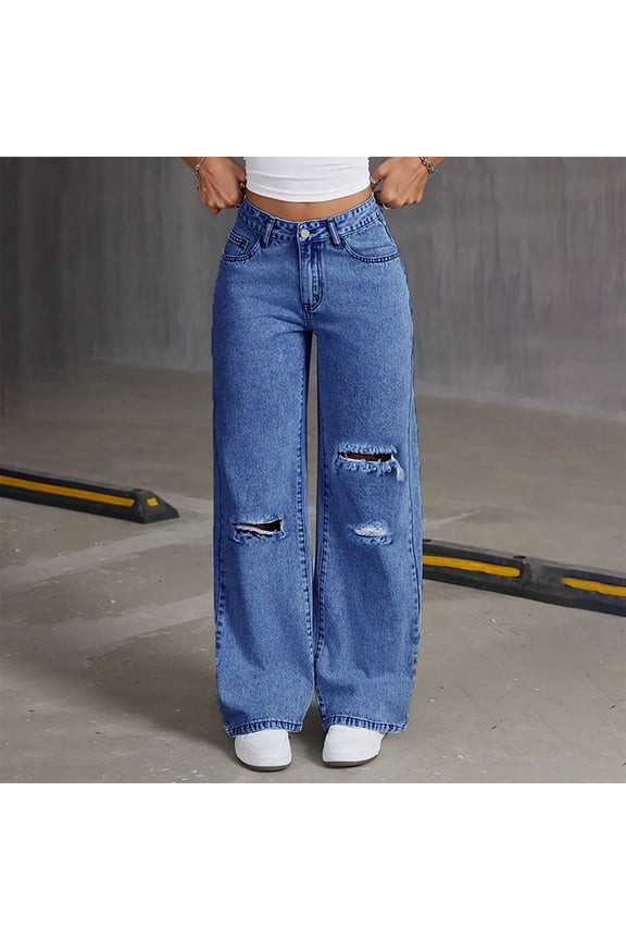 Women’s Baggy Wide Leg Jeans,Trendy High Waisted Ripped Stretchy Denim Jeans Dark Blue,Womens Plus XS