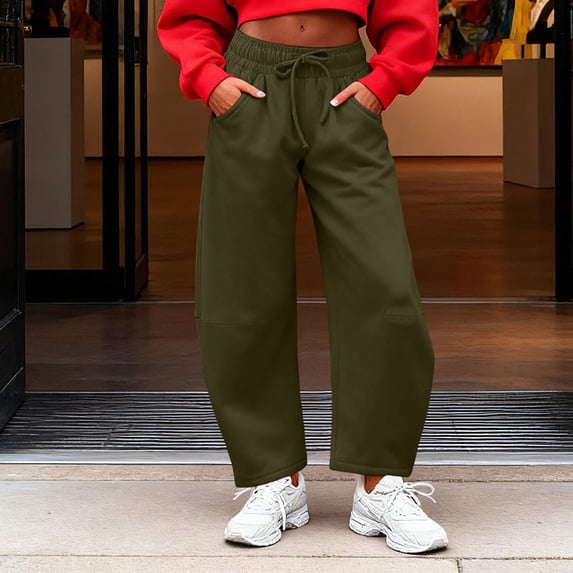ClodeEU Women's Barrel Leg Ankle Sweatpants With Drawstring ,Wide Leg Lounge Baggy Pants, Casual Sweat Pants with Pockets Army Green,Womens Plus S