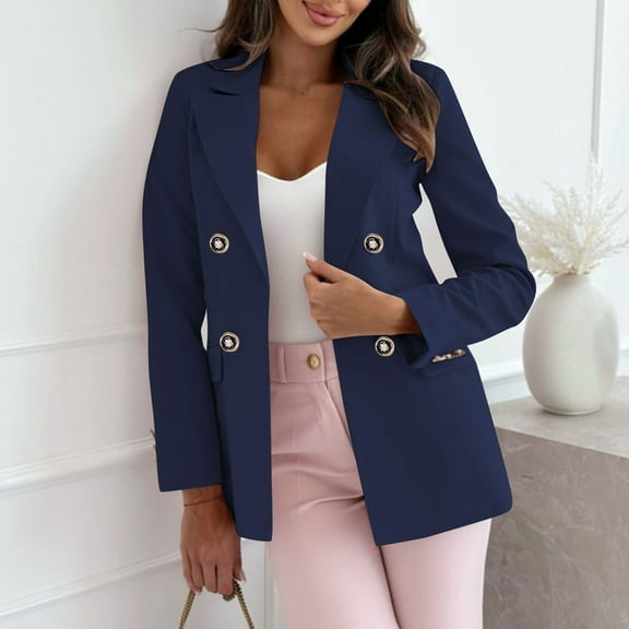 ClodeEU Women's Blazer Jacket, Long Sleeve Notched Lapel Double Breasted Suit Jacket,Trendy Office Wear Dark Blue,Womens Plus XXL