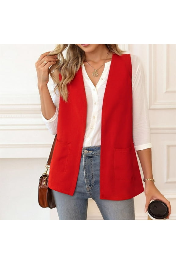 Women's Blazer Vest , Sleeveless Cardigans With Pockets ,Business Coat Vest Red,Womens Plus M