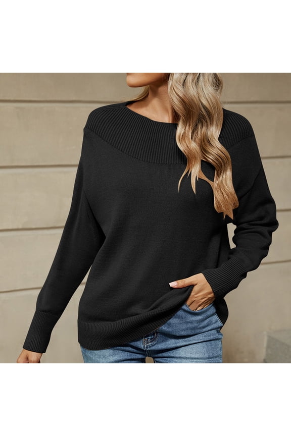 Women's Boat Neck Long Sleeve Sweaters, Casual Lightweight Knit Pullover ,Tops Fall Winter Trendy Black,Womens Plus S