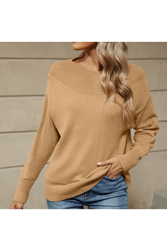 Women's Boat Neck Long Sleeve Sweaters, Casual Lightweight Knit Pullover ,Tops Fall Winter Trendy Khaki,Womens Plus S