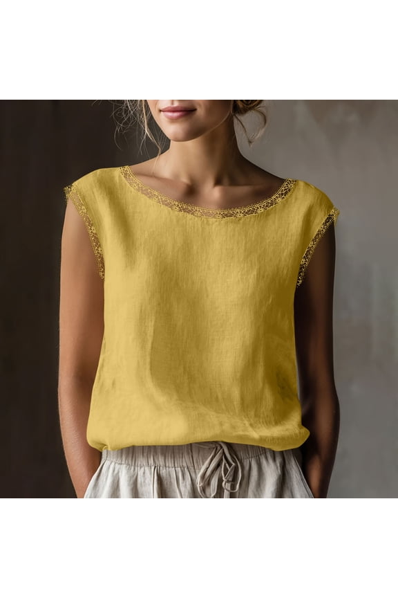 Women's Boat Neck Sleeveless Linen Tank Top, Casual Loose Fit Summer Blouse Yellow,Women's Plus M