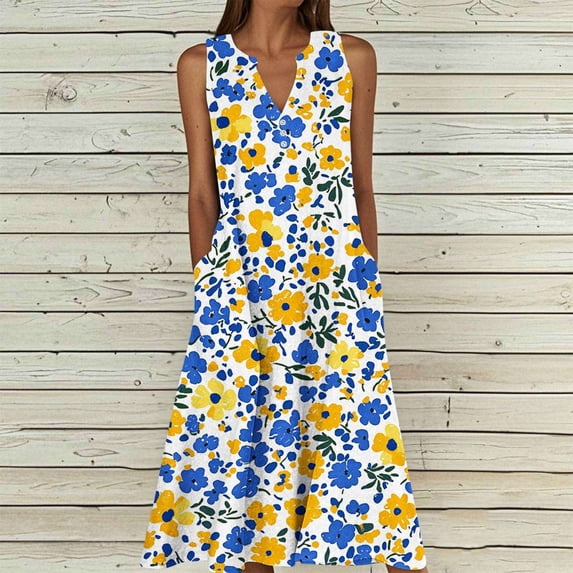 ClodeEU Women's Boho Floral Print Sleeveless V Neck Maxi Dress,Casual Loose Fit Flowy Beach Vacation Sundress with Pockets A-Yellow,Women's Plus XXXL