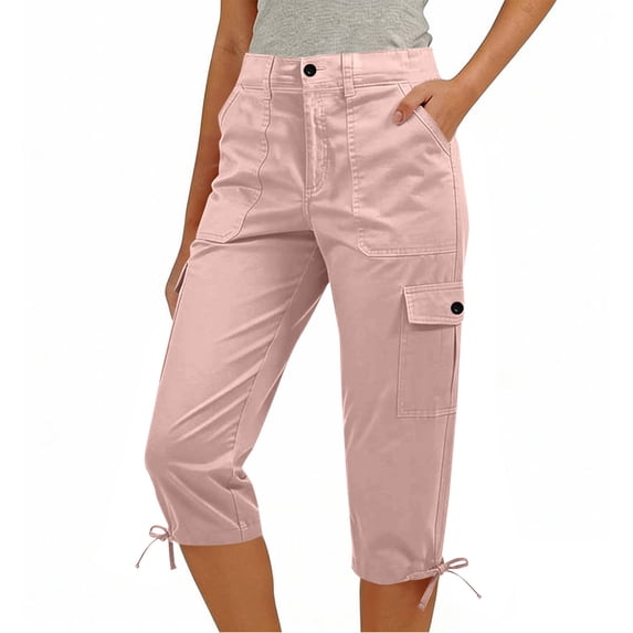 ClodeEU Women's Bow Leg Drawstring Cargo Capri Pants ,Casual Outdoor Hiking Pants with Pockets Pink,Womens Plus XL