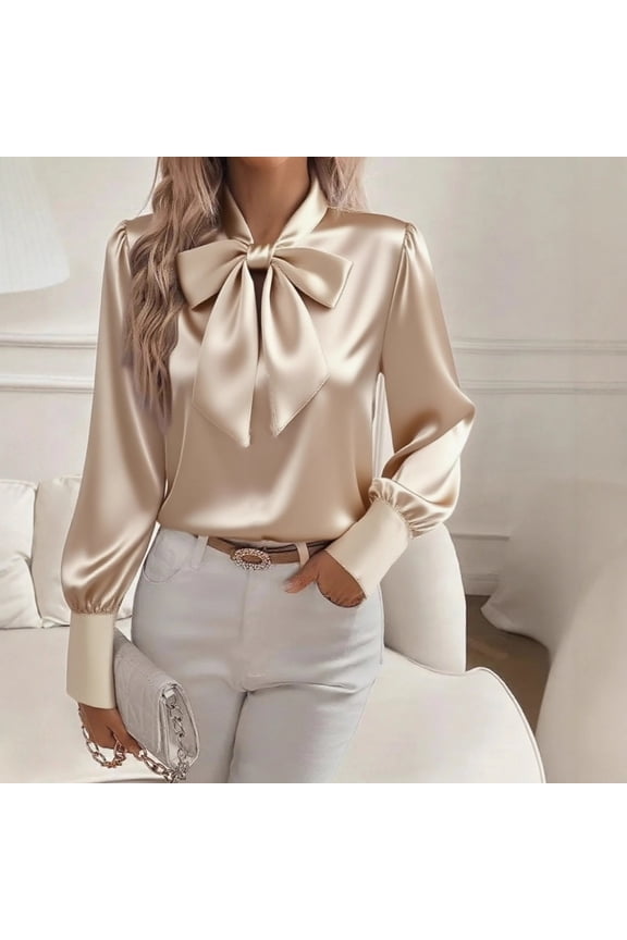 Women's Bow Tie Neck Blouse,Long Sleeve Work Shirt For Business,Professional Dressy Casual Tops Khaki,Womens Plus M