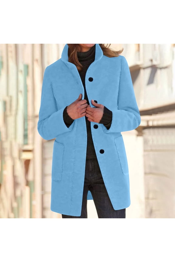 Women's Breasted Slim Fit Wool Blend Coat, Stand Lapel Coat,Mid Length Blazer Jacket Light Blue,Womens Plus XXXL