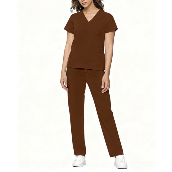 ClodeEU Women's Breathable Cool Stretch Workwear Set,V Neck Short Sleeve Top And Loose Fit Drawstring Pants Brown,Womens Plus M
