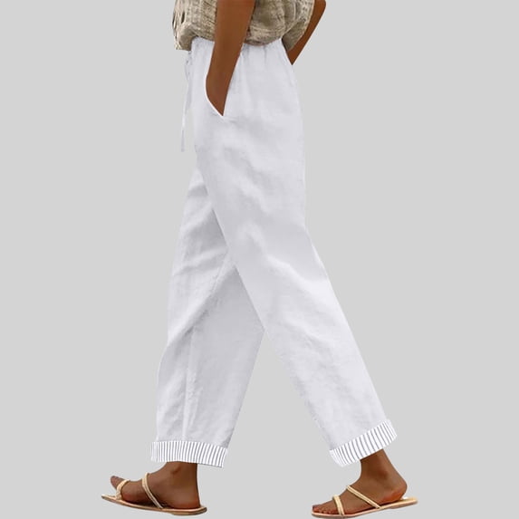 ClodeEU Women's Breathable Linen Blend Drawstring Wide Leg Pants,Relaxed Fit Casual Long Trousers with Pockets White,Womens Plus XXL