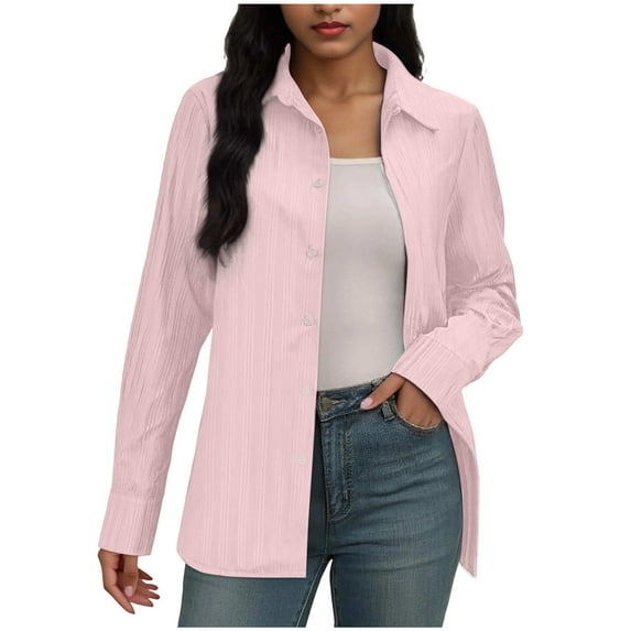 ClodeEU Women's Business Formal Long Sleeve Shirt,Striped Spring Fall Blouse Pink,Womens Plus S