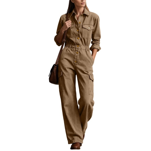ClodeEU Women's Button Down Collared Long Sleeve Jumpsuit,High Waist Wide Leg Romper with Pockets ,Women's Plus XXL