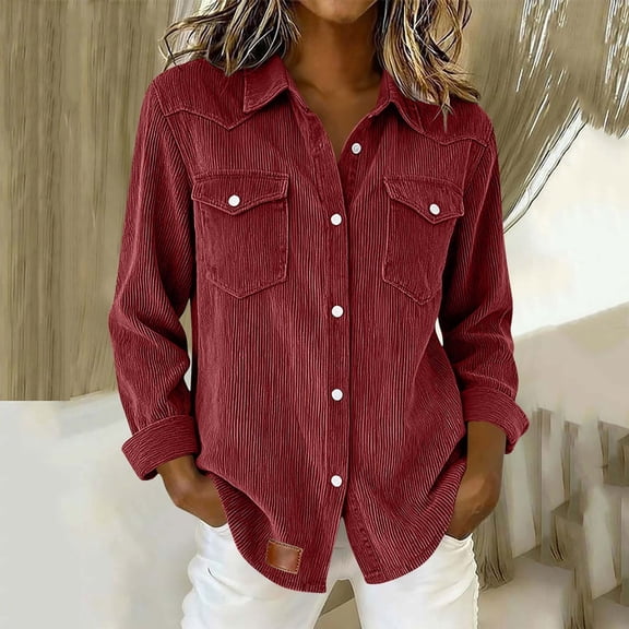 ClodeEU Women's Button Down Shirt, V Neck Casual Long Sleeve Tops,Loose Trendy Blouse Wine,Womens Plus XXL