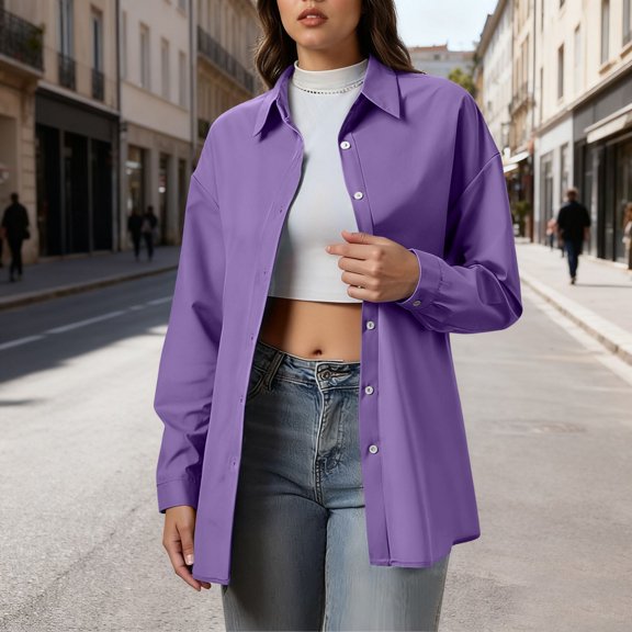 ClodeEU Women's Button Down Shirts,Long Sleeve Lapel Collared Blouse,Business Casual Tops Purple,Womens Plus S