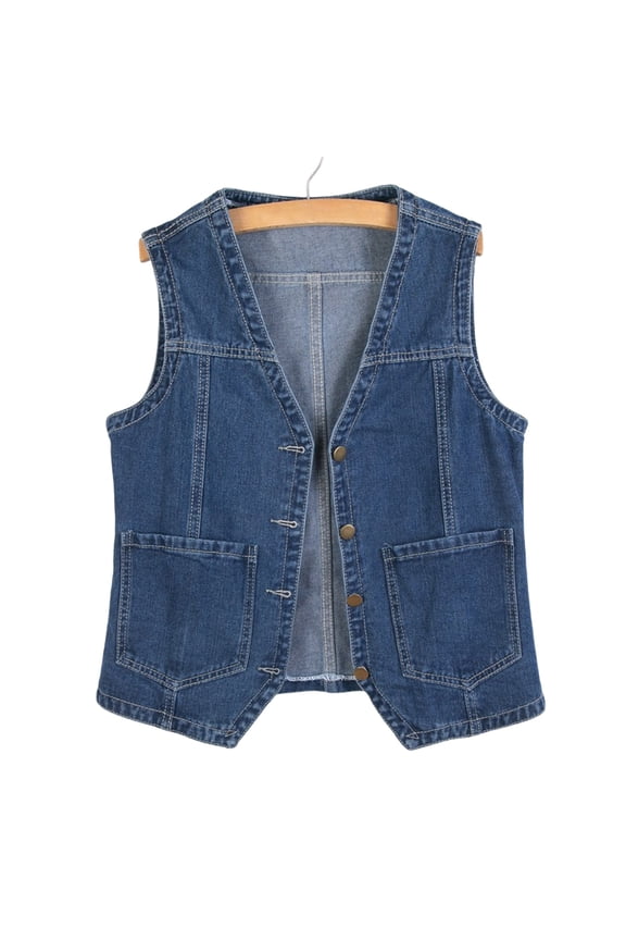 Women's Button Front Denim Vest,Sleeveless V Neck Casual Loose Jacket with Pockets Dark Blue,Womens Plus S