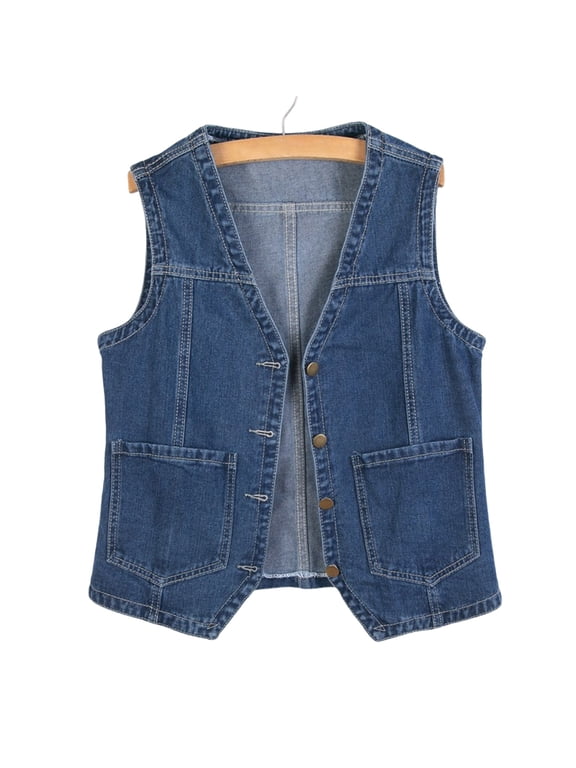 Women's Button Front Denim Vest,Sleeveless V Neck Casual Loose Jacket with Pockets Dark Blue,Womens Plus XXXXL