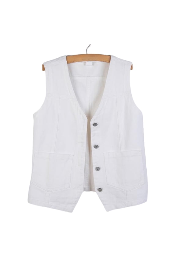 Women's Button Front Denim Vest,Sleeveless V Neck Casual Loose Jacket with Pockets White,Womens Plus M