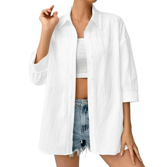 ClodeEU Women's Button Up Shirt, Lightweight Breathable Half Sleeve Cover Up, Boho Beach Blouse for Vacation White,Womens Plus L