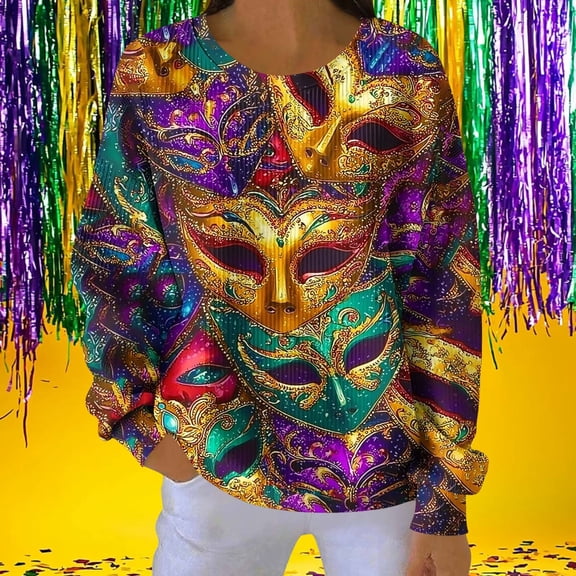 ClodeEU Women's Carnival Sweatshirt ,All Over Print Long Sleeve Round Neck Sweatshirt ,Loose Fit Tops 8-Gold,Womens Plus XL