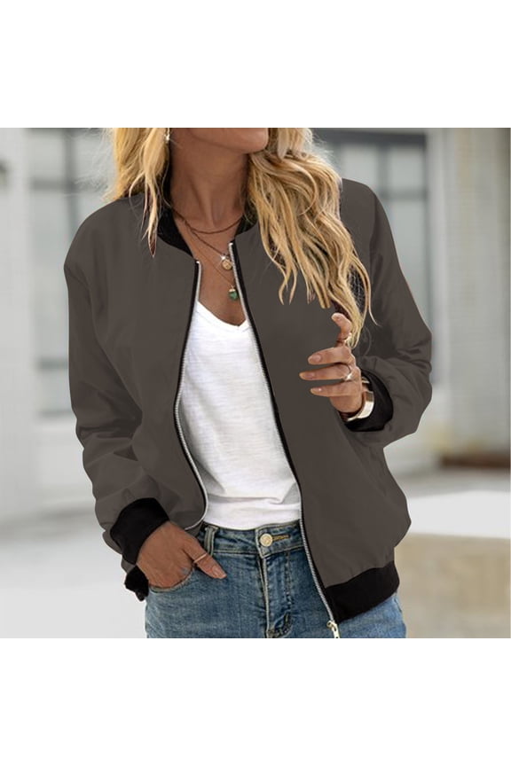 Women's Casual Bomber Jacket, Color Block Ribbed Trim Zip-Up Coat, Long Sleeve Lightweight Outerwear Brown,Womens Plus XXL