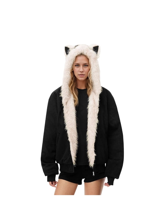 Women's Cat Ear Hooded Zip Up Jacket, Faux Fur Lined Long Sleeve Loose Casual Winter Outerwear ,Women's S-XXL
